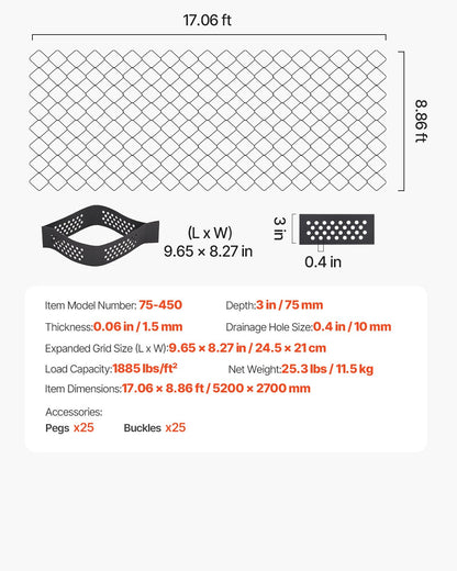 Gravel Grid, 3 Inch Depth, 17.06 x 8.86 FT / 5200 x 2700 mm, 1880 LBS Per Sq ft Grass Ground Retainer, Permeable Geo Grids Driveway Stabilization, for Garden, Patio, Walkway, RV Parking Slopes