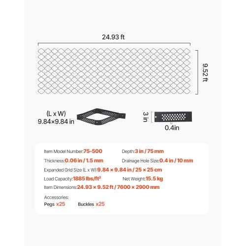 Ground Grid 3-inch Deep Geocell Grid 24.93x9.52 ft / 7600x2900 mm for Gravel | EU
