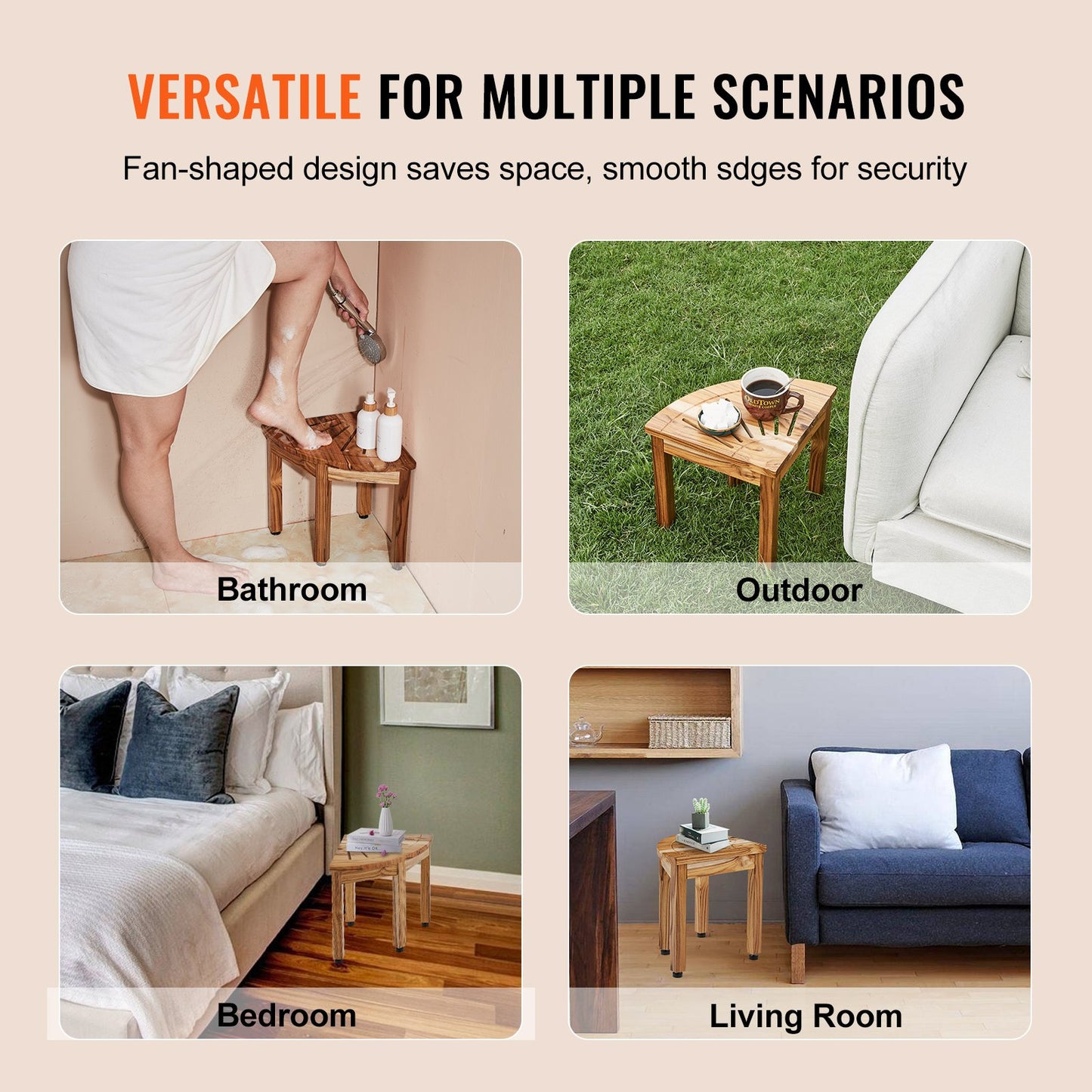 Corner Teak Shower Bench, 12.4" Height 11.5" Radius, 100% Teak Wood Corner Shower Beach, Mold-resistant, 300 LBS with Storage Shelf, Shower Stool for Inside & Outside Shower, for Bathroom