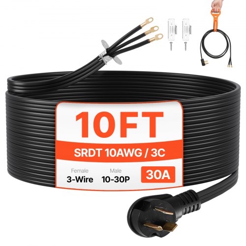 10 ft Dryer Power Cord, 3-Prong NEMA 10-30P Appliance Dryer Cord with Eyelet Connectors, 125V/250V, SDRT 10AWG/3C, 30A, Pure Copper Wire Cable with PVC Cable Tie, Ideal for Indoor & Outdoor Use
