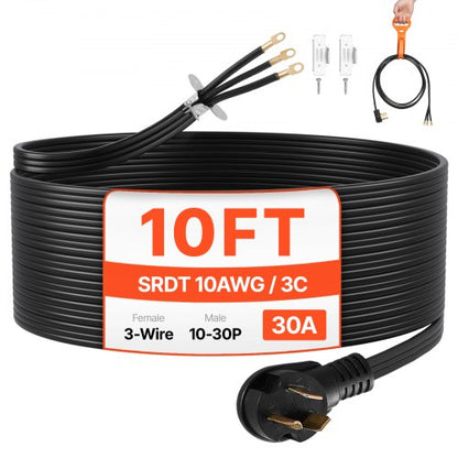 10 ft Dryer Power Cord, 3-Prong NEMA 10-30P Appliance Dryer Cord with Eyelet Connectors, 125V/250V, SDRT 10AWG/3C, 30A, Pure Copper Wire Cable with PVC Cable Tie, Ideal for Indoor & Outdoor Use