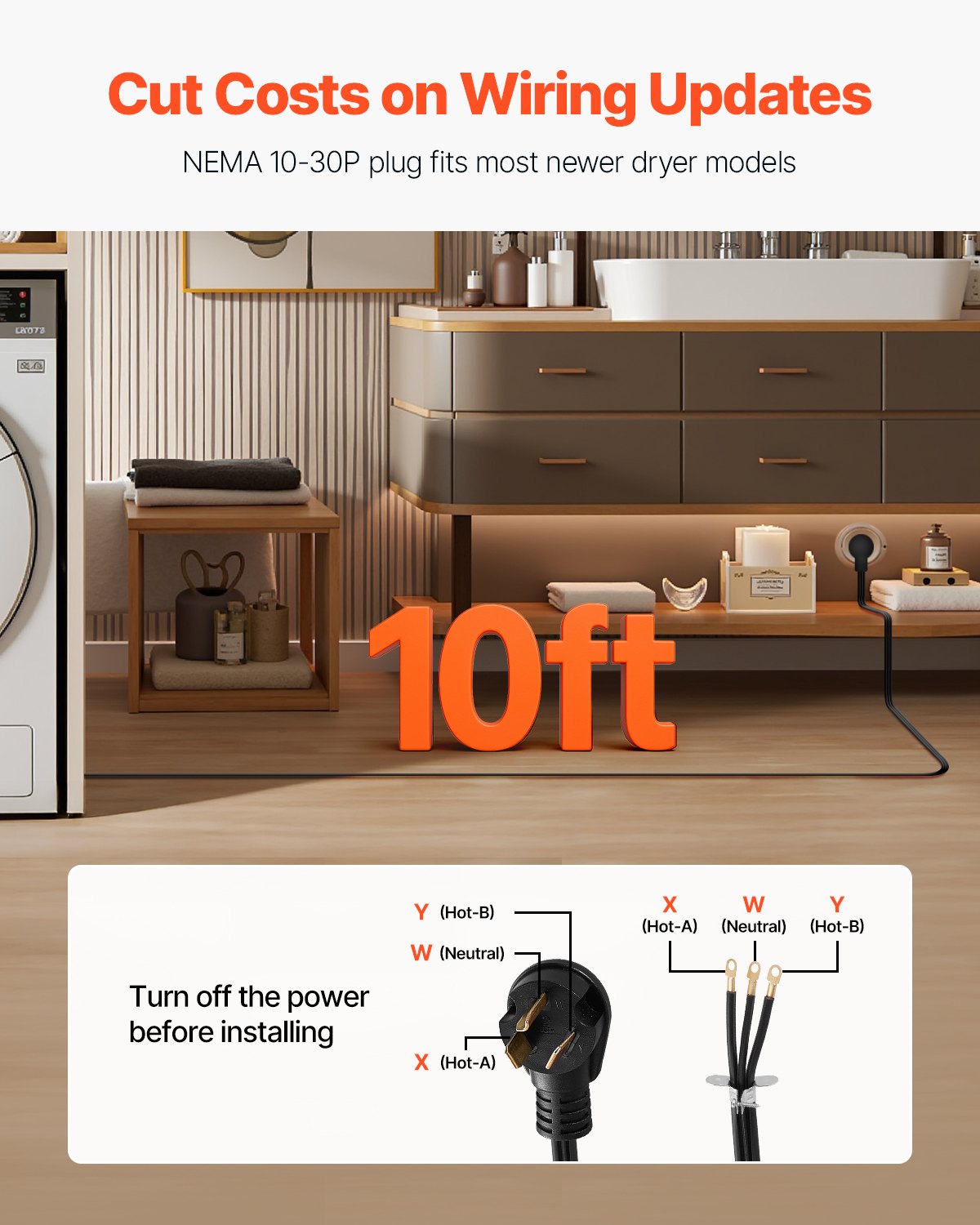 10 ft Dryer Power Cord, 3-Prong NEMA 10-30P Appliance Dryer Cord with Eyelet Connectors, 125V/250V, SDRT 10AWG/3C, 30A, Pure Copper Wire Cable with PVC Cable Tie, Ideal for Indoor & Outdoor Use