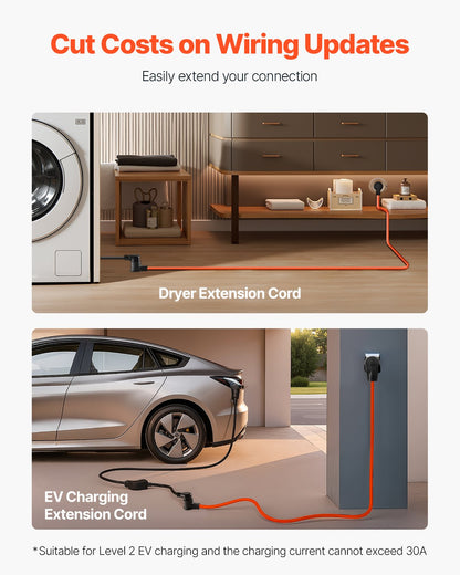 10 ft Dryer Extension Cord, 3-Prong NEMA 10-30P to 10-30R Dryer Cord, 125V/250V STW 10AWG/3C, 30A, Pure Copper Wire Cable with Black Non-woven Bag and PVC Cable Tie, Ideal for Indoor & Outdoor