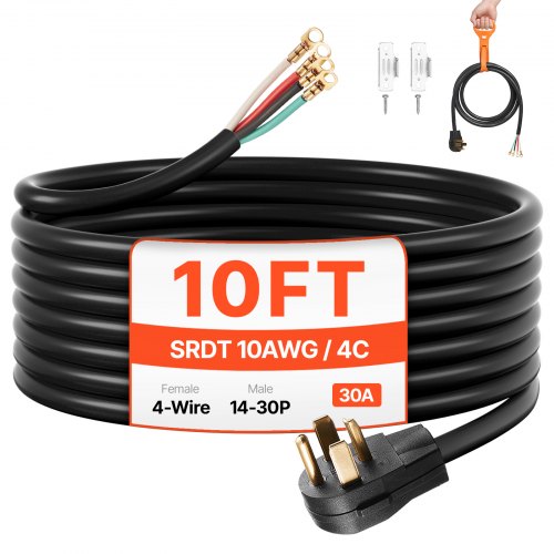 10 ft Dryer Power Cord, 4-Prong NEMA 14-30P Appliance Dryer Cord with Eyelet Connectors, 125V/250V, SDRT 10AWG/4C, 30A, Pure Copper Wire Cable with PVC Cable Tie, Ideal for Indoor & Outdoor Use