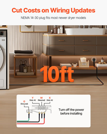 10 ft Dryer Power Cord, 4-Prong NEMA 14-30P Appliance Dryer Cord with Eyelet Connectors, 125V/250V, SDRT 10AWG/4C, 30A, Pure Copper Wire Cable with PVC Cable Tie, Ideal for Indoor & Outdoor Use