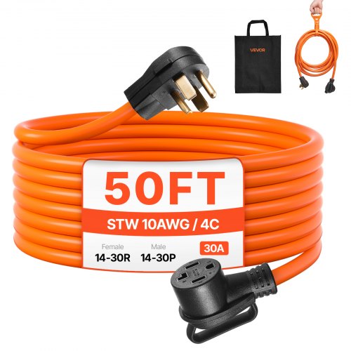 50 ft Dryer Extension Cord, 4-Prong NEMA 14-30P to 14-30R Dryer Cord, 125V/250V, STW 10AWG/4C, 30A, Pure Copper Wire Cable with Black Non-woven Bag and PVC Cable Tie, for Outdoor & Indoor Use