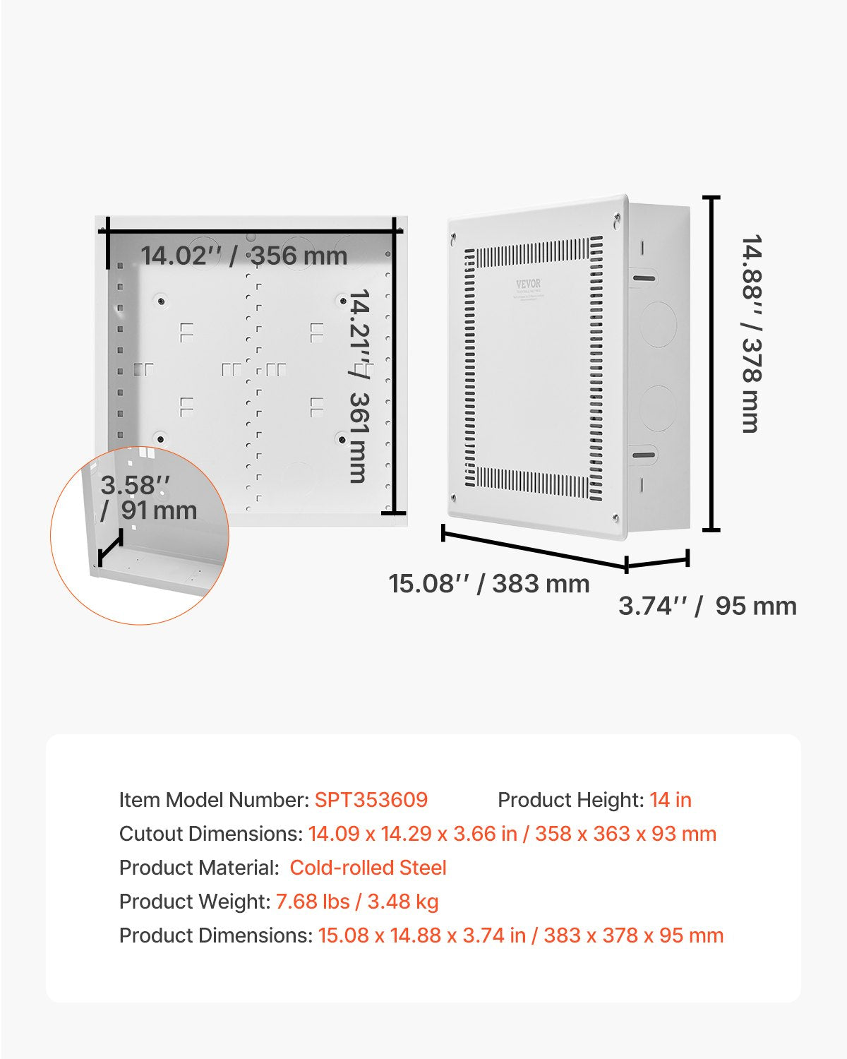 Structured Media Enclosure, 14-Inch, Recessed in-Wall Media Box with Cover, Wall-Mount Cable Management Box Kit, Structured Wiring Multi-Media Cabinet, Cold-Rolled Steel, for TV Home Theater