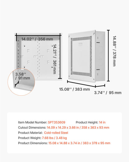 Structured Media Enclosure, 14-Inch, Recessed in-Wall Media Box with Cover, Wall-Mount Cable Management Box Kit, Structured Wiring Multi-Media Cabinet, Cold-Rolled Steel, for TV Home Theater