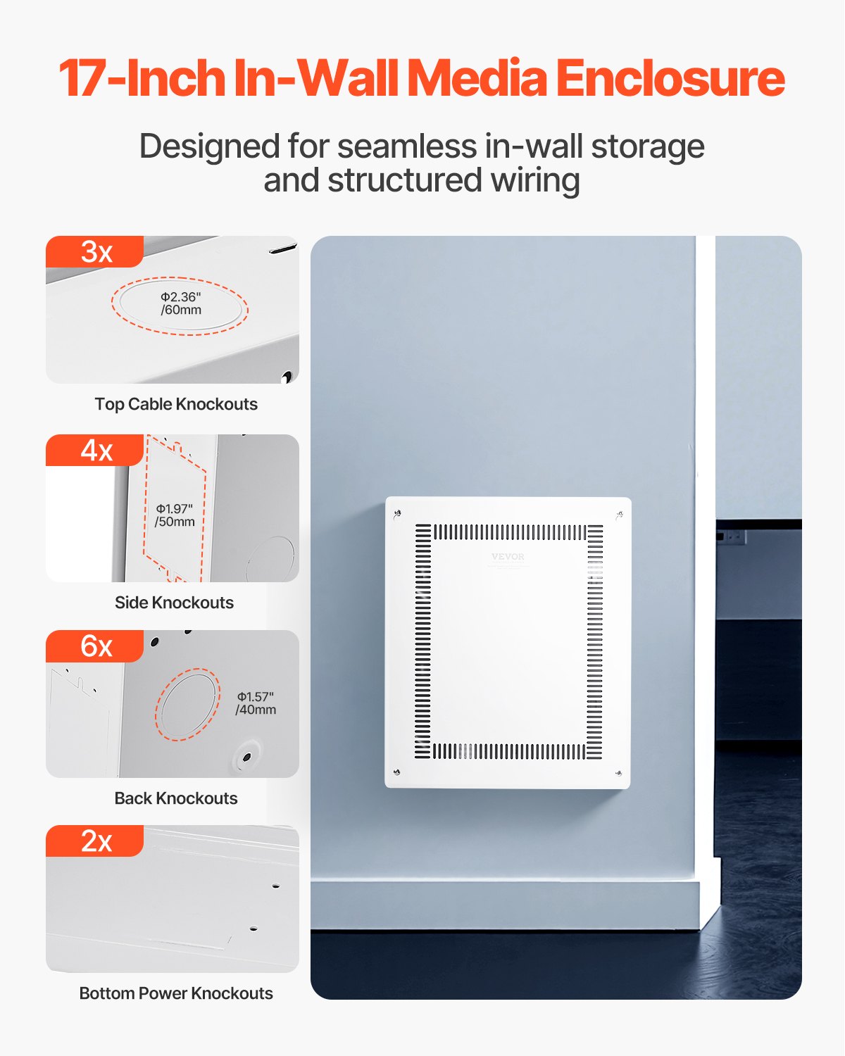 Structured Media Enclosure, 17-Inch, Recessed in-Wall Media Box with Cover, Wall-Mount Cable Management Box Kit, Structured Wiring Multi-Media Cabinet, Cold-Rolled Steel, for TV Home Theater