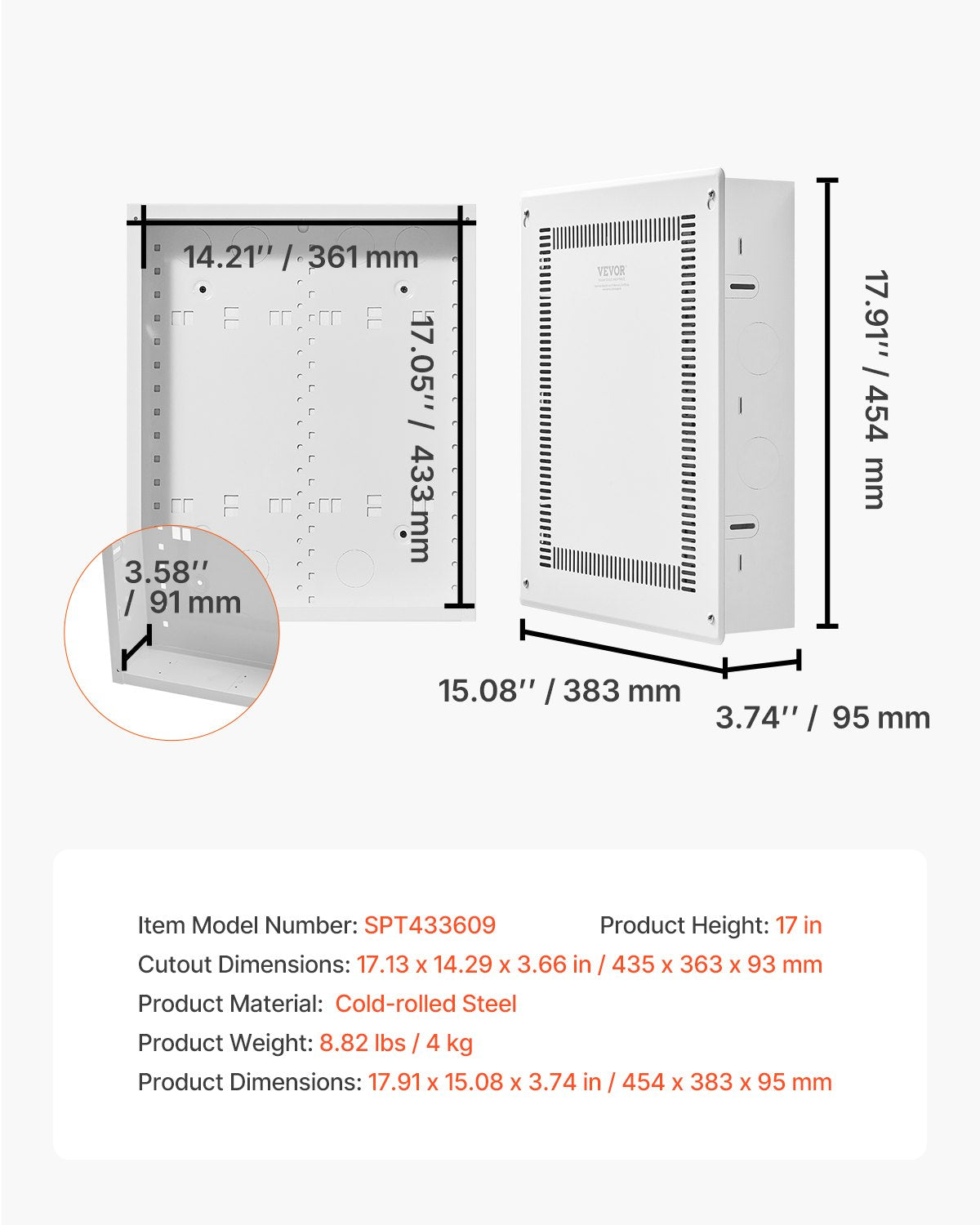 Structured Media Enclosure, 17-Inch, Recessed in-Wall Media Box with Cover, Wall-Mount Cable Management Box Kit, Structured Wiring Multi-Media Cabinet, Cold-Rolled Steel, for TV Home Theater