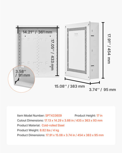 Structured Media Enclosure, 17-Inch, Recessed in-Wall Media Box with Cover, Wall-Mount Cable Management Box Kit, Structured Wiring Multi-Media Cabinet, Cold-Rolled Steel, for TV Home Theater