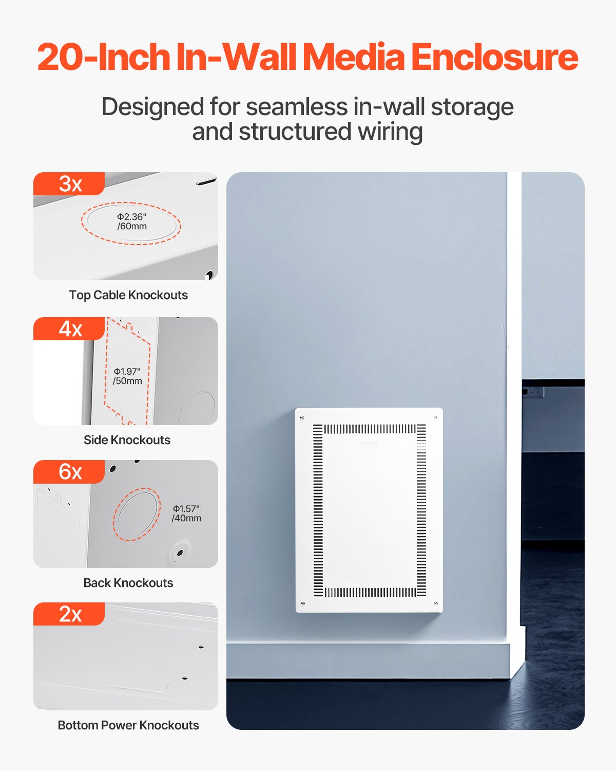 Structured Media Enclosure, 20-Inch, Recessed in-Wall Media Box with Cover, Wall-Mount Cable Management Box Kit, Structured Wiring Multi-Media Cabinet, Cold-Rolled Steel, for TV Home Theater