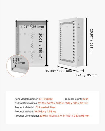 Structured Media Enclosure, 20-Inch, Recessed in-Wall Media Box with Cover, Wall-Mount Cable Management Box Kit, Structured Wiring Multi-Media Cabinet, Cold-Rolled Steel, for TV Home Theater