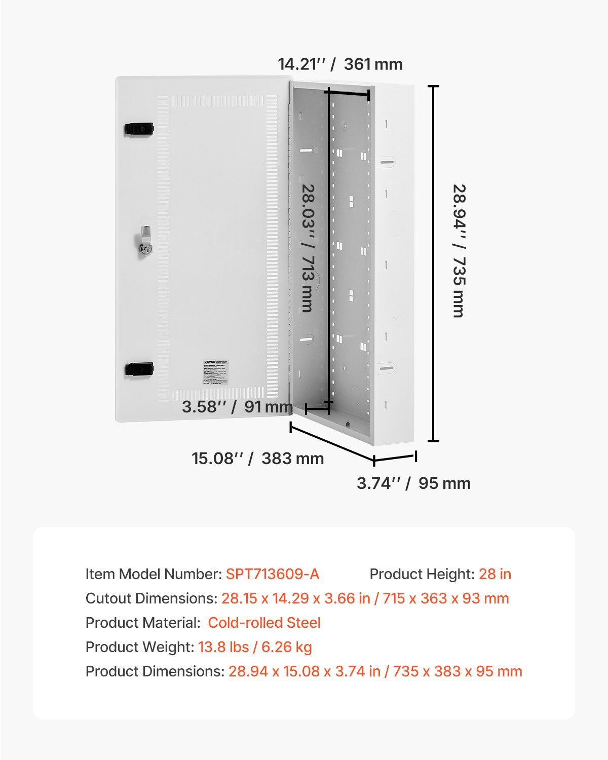 Media Enclosure, 28-Inch, Structured Media Center with Vented Hinged Door, Cable Management Box, Structured Wiring Multi-Media Cabinet, Recessed Electrical Media Box, for Network Distribution