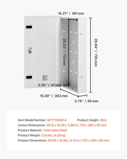Media Enclosure, 28-Inch, Structured Media Center with Vented Hinged Door, Cable Management Box, Structured Wiring Multi-Media Cabinet, Recessed Electrical Media Box, for Network Distribution