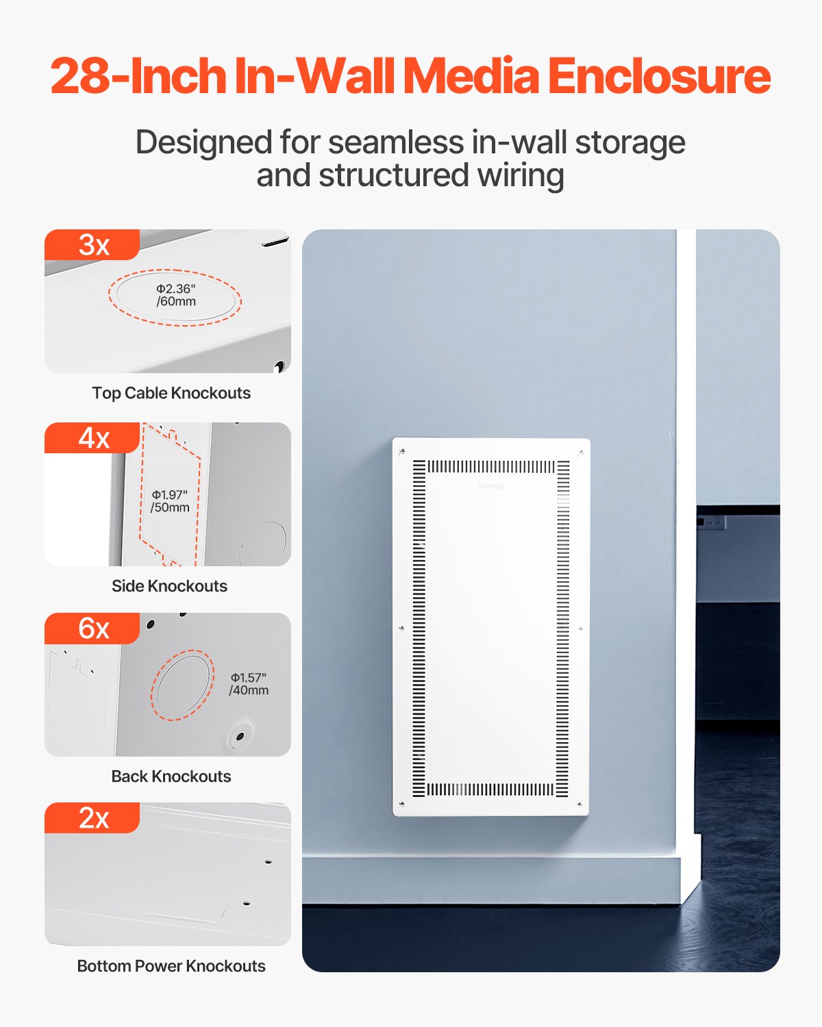 Structured Media Enclosure, 28-Inch, Recessed in-Wall Media Box with Cover, Wall-Mount Cable Management Box Kit, Structured Wiring Multi-Media Cabinet, Cold-Rolled Steel, for TV Home Theater
