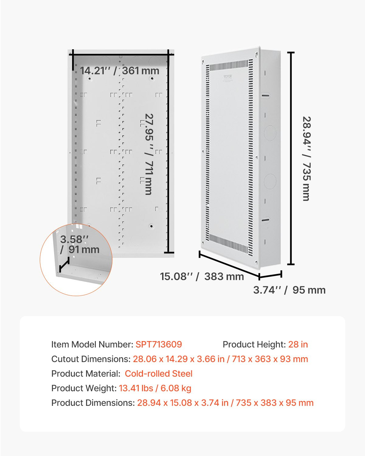 Structured Media Enclosure, 28-Inch, Recessed in-Wall Media Box with Cover, Wall-Mount Cable Management Box Kit, Structured Wiring Multi-Media Cabinet, Cold-Rolled Steel, for TV Home Theater