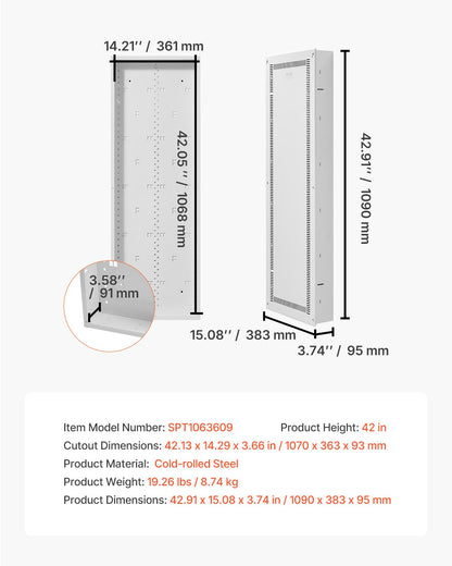 Structured Media Enclosure, 42-Inch, Recessed in-Wall Media Box with Cover, Wall-Mount Cable Management Box Kit, Structured Wiring Multi-Media Cabinet, Cold-Rolled Steel, for TV Home Theater
