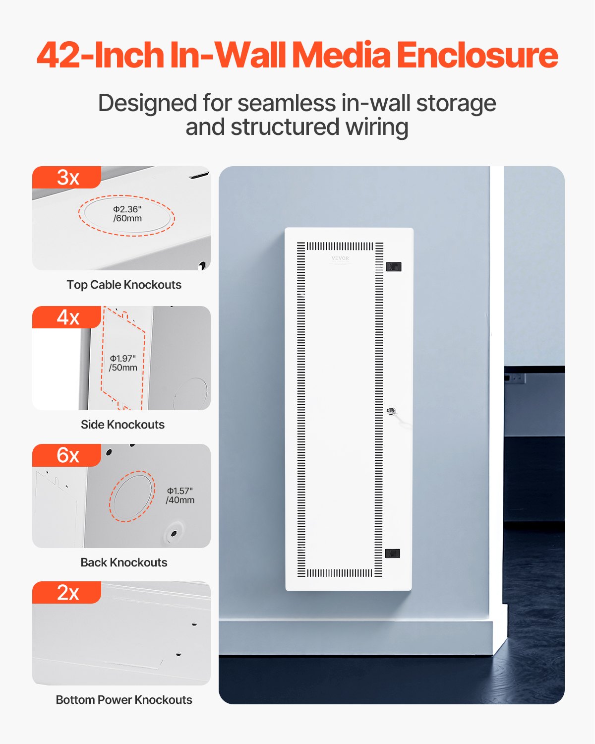 Media Enclosure, 42-Inch, Structured Media Center with Vented Hinged Door, Cable Management Box, Structured Wiring Multi-Media Cabinet, Recessed Electrical Media Box, for Network Distribution
