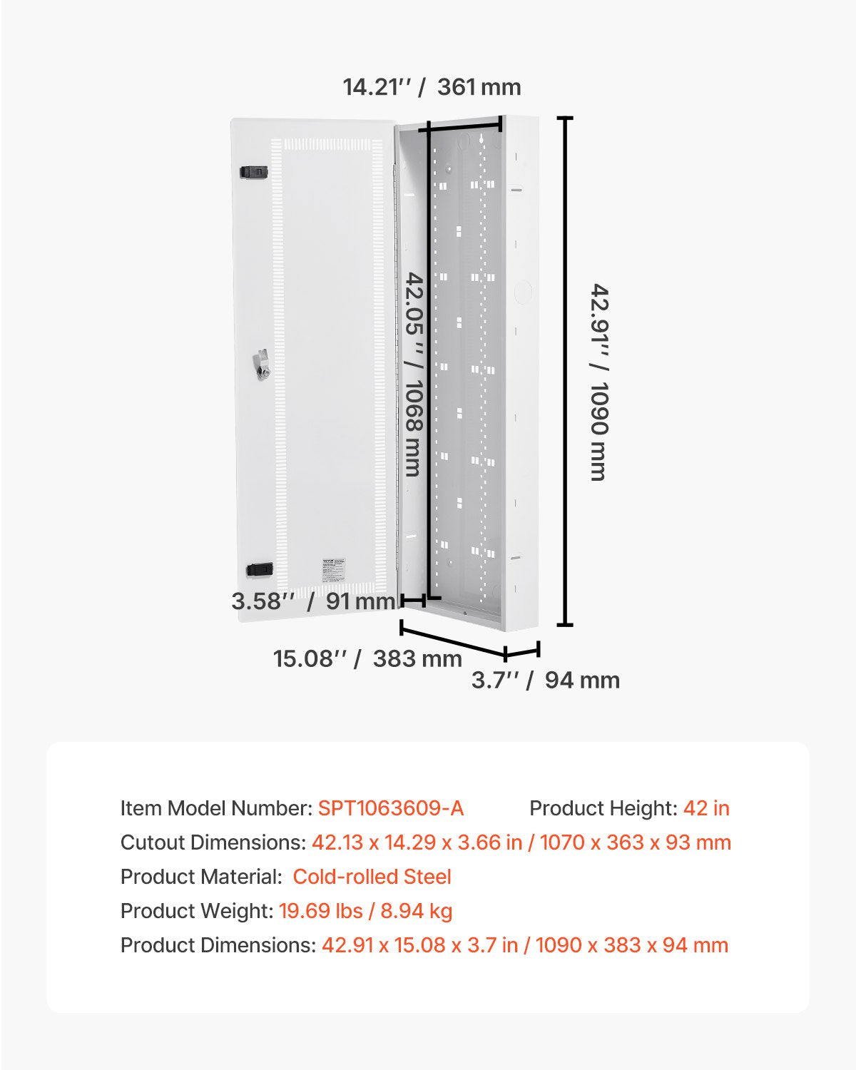 Media Enclosure, 42-Inch, Structured Media Center with Vented Hinged Door, Cable Management Box, Structured Wiring Multi-Media Cabinet, Recessed Electrical Media Box, for Network Distribution