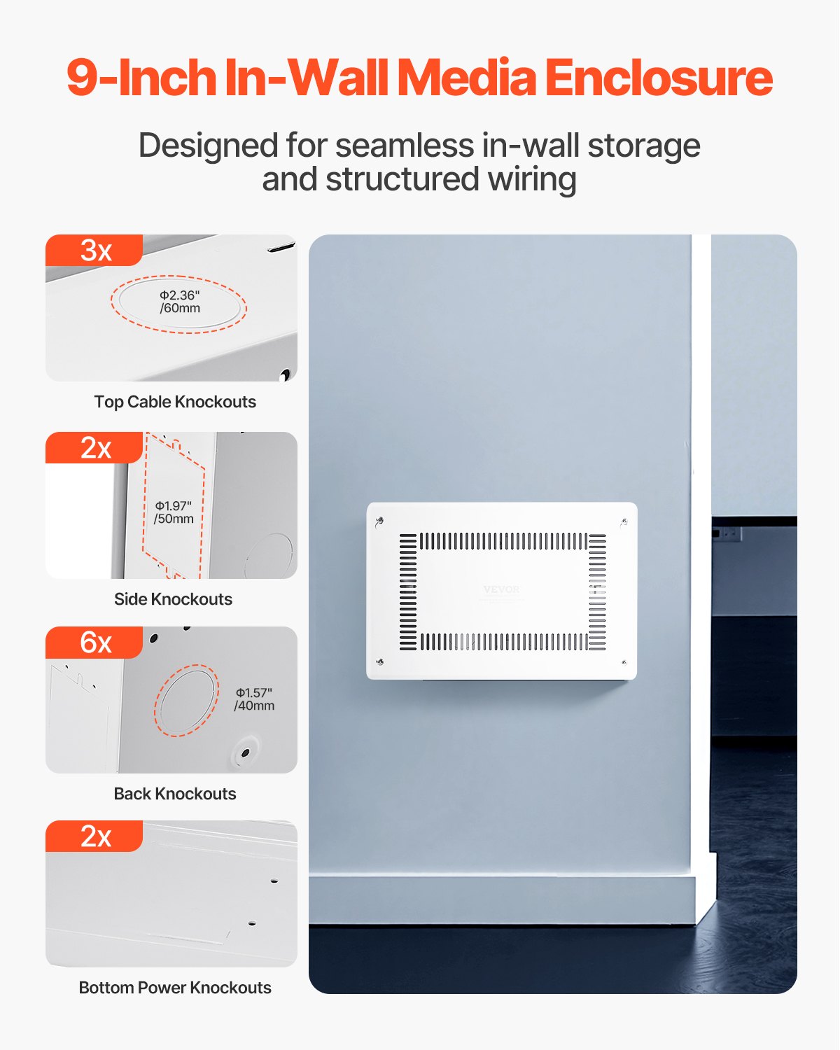 Structured Media Enclosure, 9-Inch, Recessed in-Wall Media Box with Cover, Wall-Mount Cable Management Box Kit, Structured Wiring Multi-Media Cabinet, Cold-Rolled Steel, for TV Home Theater