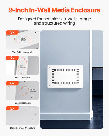 Structured Media Enclosure, 9-Inch, Recessed in-Wall Media Box with Cover, Wall-Mount Cable Management Box Kit, Structured Wiring Multi-Media Cabinet, Cold-Rolled Steel, for TV Home Theater