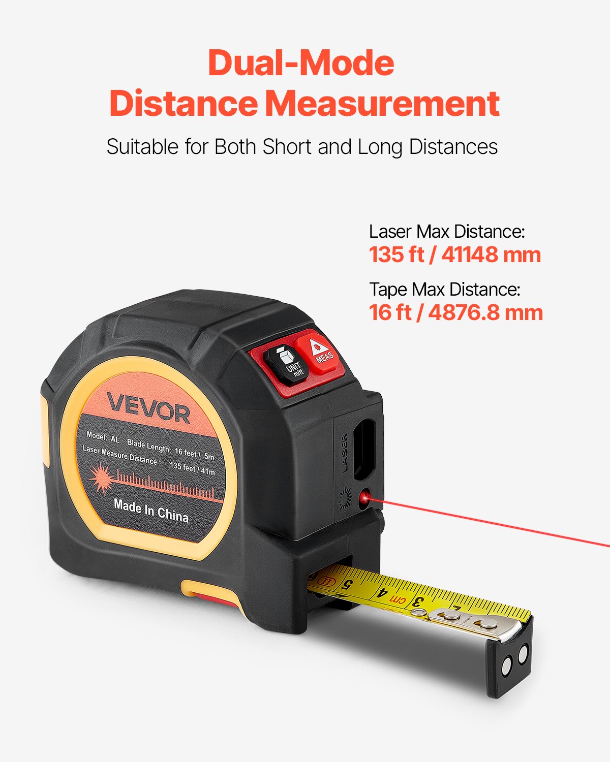 2-in-1 Laser Tape Measure, 135Ft Rechargeable Laser Measurement Tool & 16Ft Measuring Tape with Magnetic, 4 Modes-Length, Area, Volume, Continuous,ft/in/m/ft+in Unit,for Outdoor,Decoration