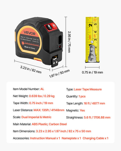 2-in-1 Laser Tape Measure, 135Ft Rechargeable Laser Measurement Tool & 16Ft Measuring Tape with Magnetic, 4 Modes-Length, Area, Volume, Continuous,ft/in/m/ft+in Unit,for Outdoor,Decoration