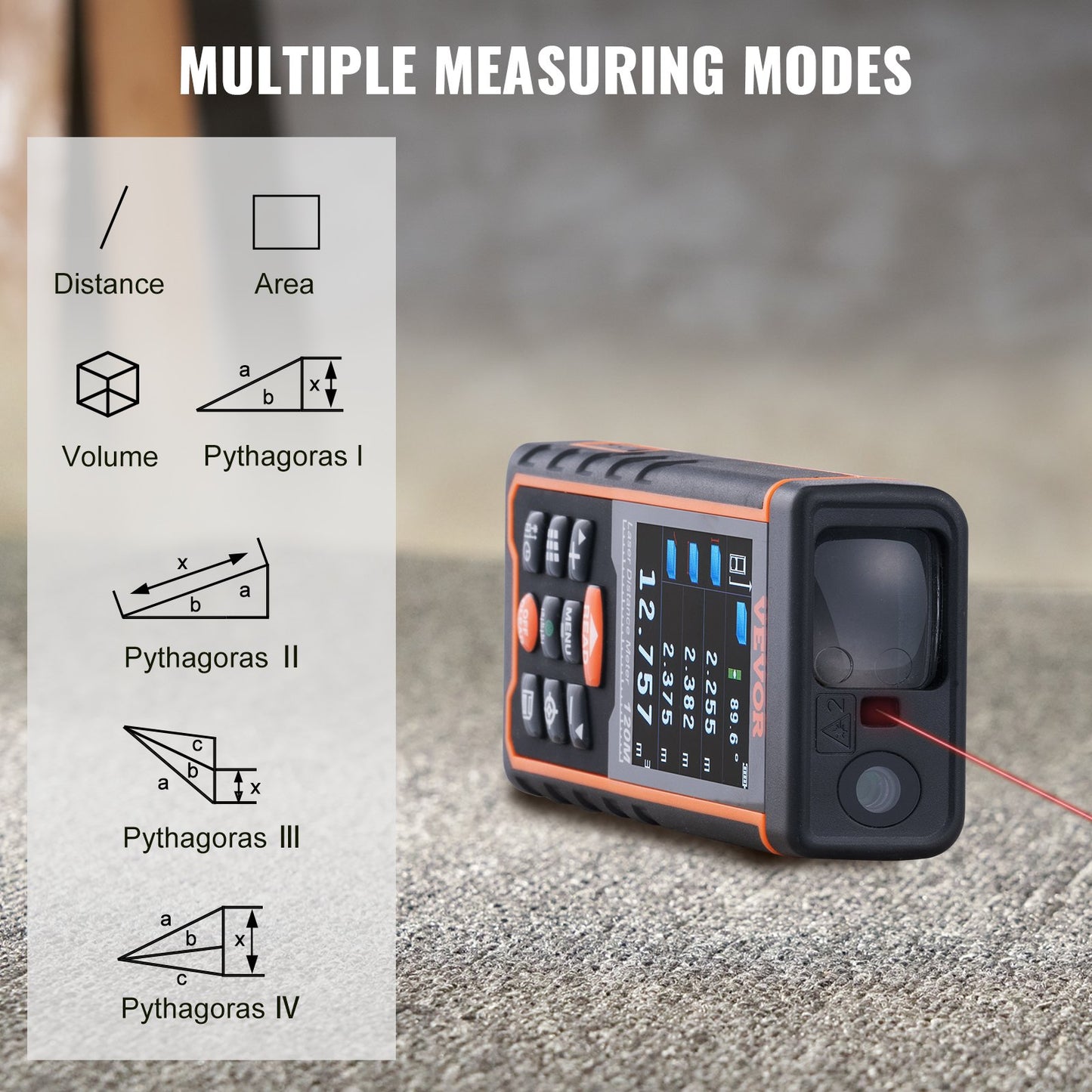 Laser Measure, 400 ft, ±1/16'' Accuracy Laser Distance Measure with 100-Group Storage, ft/m/in/ft+in, 2.4'' Colorlit LCD Screen Laser Meter, Pythagorean Mode, Measure Distance, Area and Volume