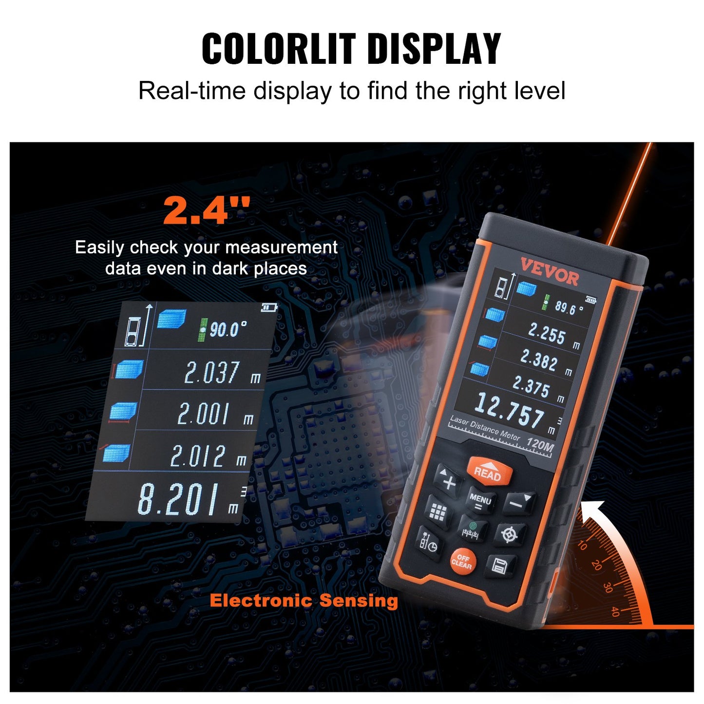 Laser Measure, 400 ft, ±1/16'' Accuracy Laser Distance Measure with 100-Group Storage, ft/m/in/ft+in, 2.4'' Colorlit LCD Screen Laser Meter, Pythagorean Mode, Measure Distance, Area and Volume