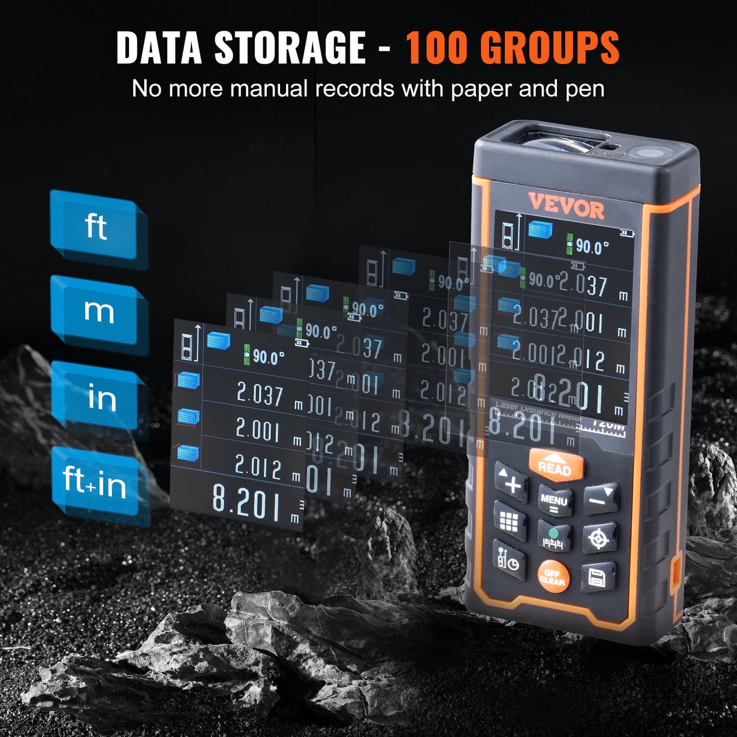 Laser Measure, 400 ft, ±1/16'' Accuracy Laser Distance Measure with 100-Group Storage, ft/m/in/ft+in, 2.4'' Colorlit LCD Screen Laser Meter, Pythagorean Mode, Measure Distance, Area and Volume