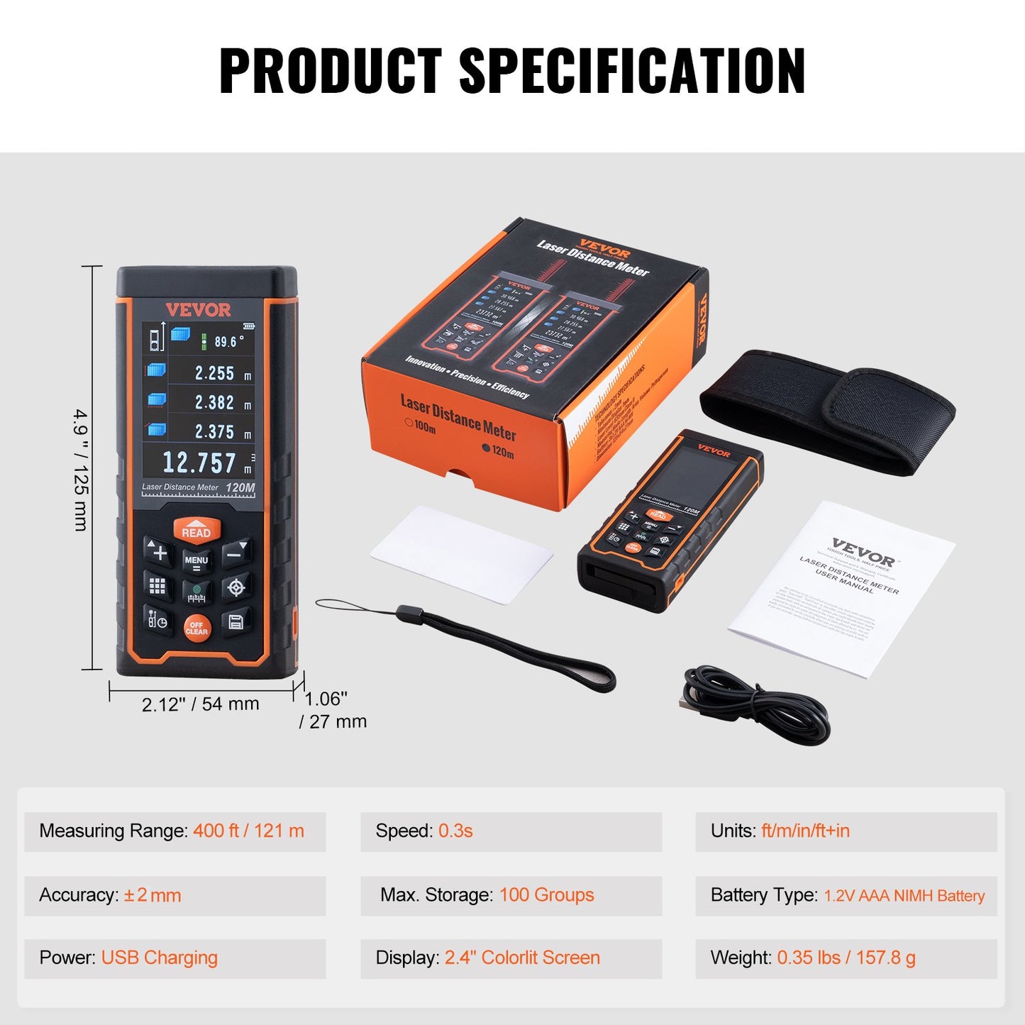 Laser Measure, 400 ft, ±1/16'' Accuracy Laser Distance Measure with 100-Group Storage, ft/m/in/ft+in, 2.4'' Colorlit LCD Screen Laser Meter, Pythagorean Mode, Measure Distance, Area and Volume