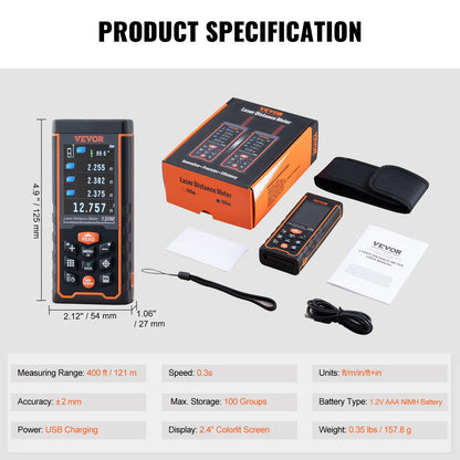 Laser Measure, 400 ft, ±1/16'' Accuracy Laser Distance Measure with 100-Group Storage, ft/m/in/ft+in, 2.4'' Colorlit LCD Screen Laser Meter, Pythagorean Mode, Measure Distance, Area and Volume