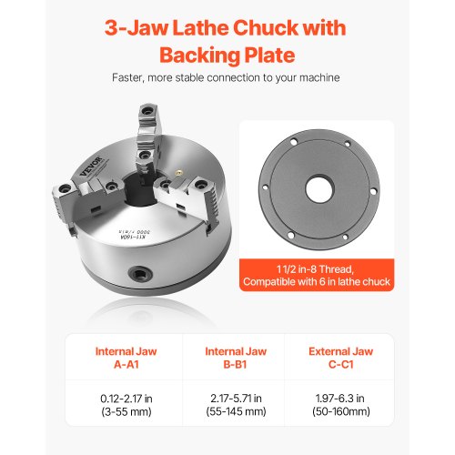 6 in 3-jaw self-centering lathe chuck 1 1/2 in-8 threaded support plate | EU