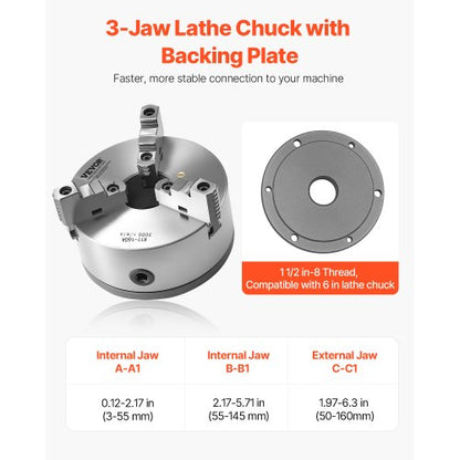 6 in 3-jaw self-centering lathe chuck 1 1/2 in-8 threaded support plate | EU