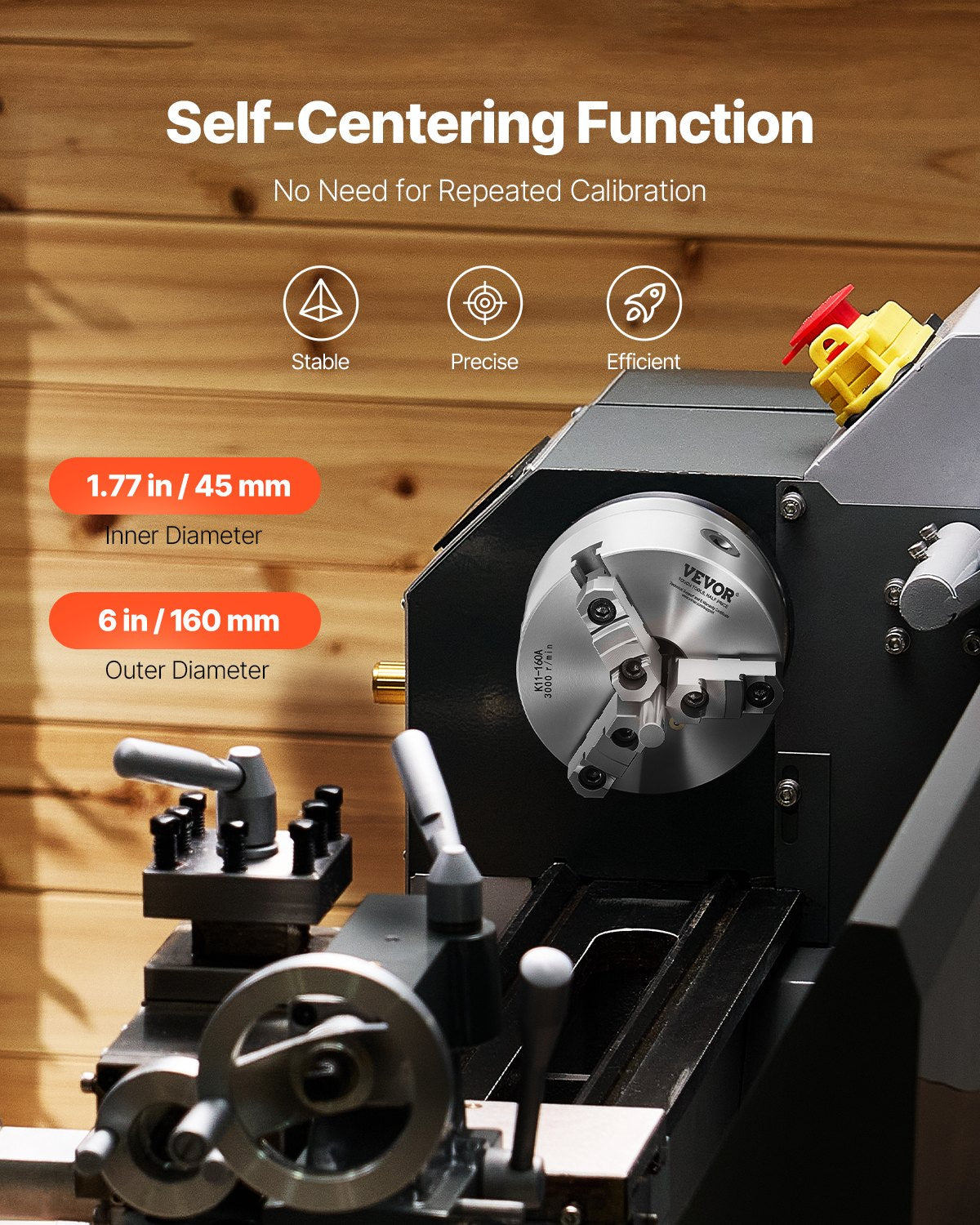 3-Jaw Lathe Chuck, 6 Inch (160 mm), Self-Centering Chuck with 1 1/2 in-8 Threaded Backing Plate, 0.12-5.71 in (3-145 mm) Clamping Range with T-wrench Screws, HT300 Material, for Wood Metal Lathe