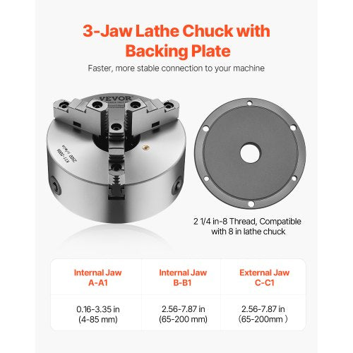 8 in 3-jaw self-centering lathe chuck 2 1/4 in-8 threaded support plate | EU