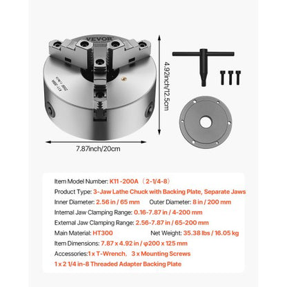 8 in 3-jaw self-centering lathe chuck 2 1/4 in-8 threaded support plate | EU