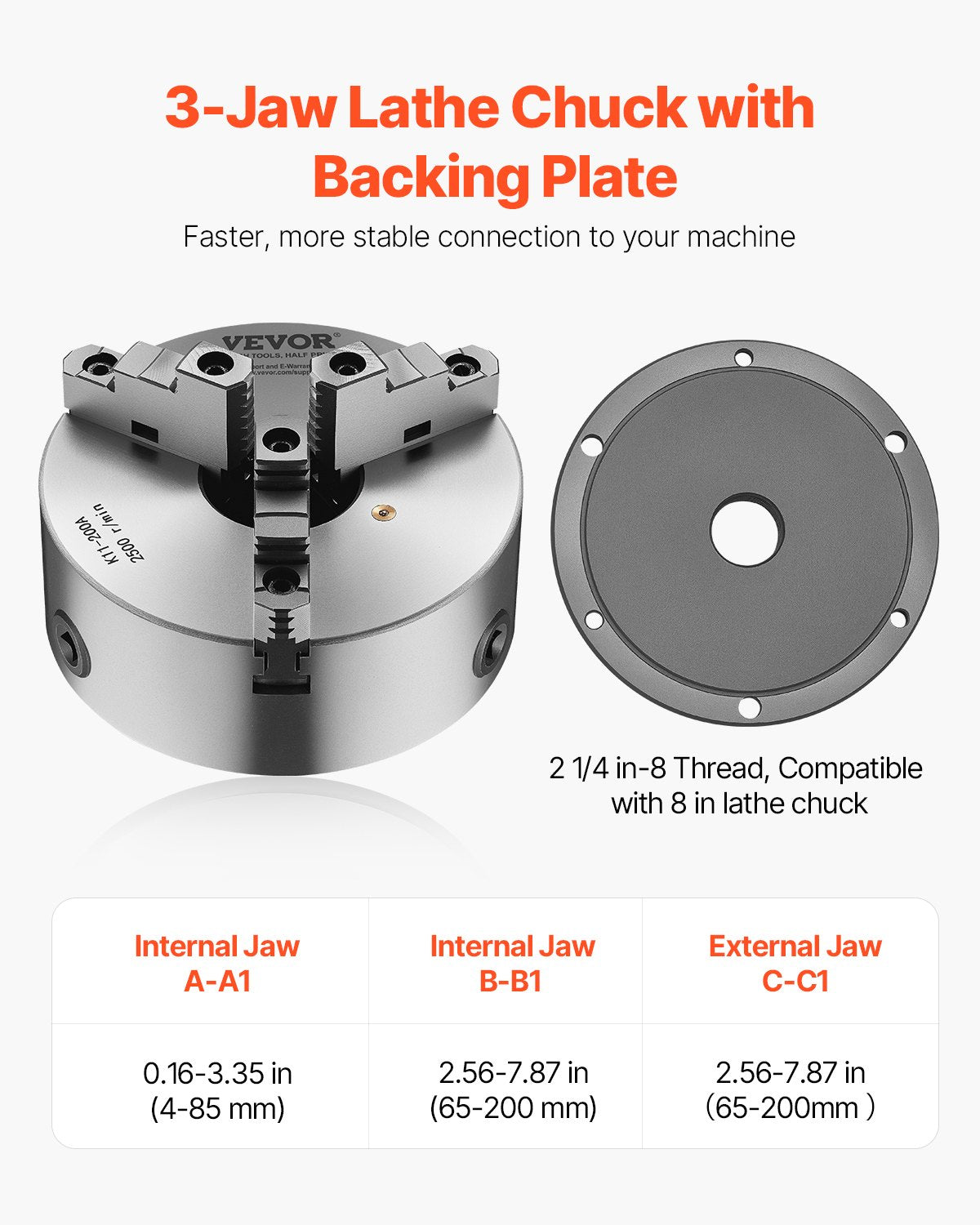 3-Jaw Lathe Chuck, 8 Inch (200 mm), Self-Centering Chuck with 2 1/4 in-8 Threaded Backing Plate, 0.16-7.87 in (4-200 mm) Clamping Range with T-wrench Screws, HT300 Material, for Wood Metal Lathe