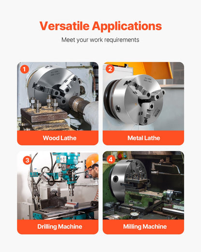 3-Jaw Lathe Chuck, 8 Inch (200 mm), Self-Centering Chuck with 2 1/4 in-8 Threaded Backing Plate, 0.16-7.87 in (4-200 mm) Clamping Range with T-wrench Screws, HT300 Material, for Wood Metal Lathe