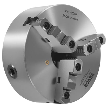 3-Jaw Lathe Chuck, 8 Inch (200 mm), Self-Centering Chuck with 2 1/4 in-8 Threaded Backing Plate, 0.16-7.87 in (4-200 mm) Clamping Range with T-wrench Screws, HT300 Material, for Wood Metal Lathe