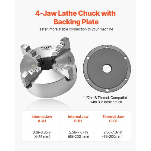 8 in 4-jaw self-centering lathe chuck 1 1/2 in-8 threaded support plate | EU