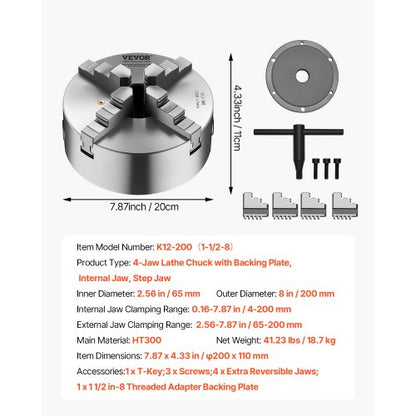 8 in 4-jaw self-centering lathe chuck 1 1/2 in-8 threaded support plate | EU
