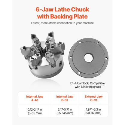 6-inch 6-jaw self-centering lathe chuck with D1-4 cam lock backing plate | EU