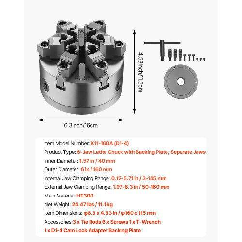 6-inch 6-jaw self-centering lathe chuck with D1-4 cam lock backing plate | EU