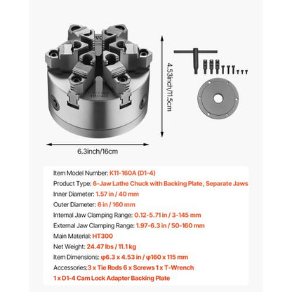 6-inch 6-jaw self-centering lathe chuck with D1-4 cam lock backing plate | EU