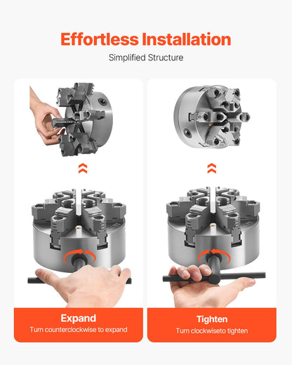 6-Jaw Lathe Chuck, 6 Inch (160 mm), Self-Centering Chuck with D1-4 Cam Lock Backing Plate, 0.12-5.71 in (3-145 mm) Clamping Range with T-wrench Screws, HT300 Material, for Wood Metal Lathe