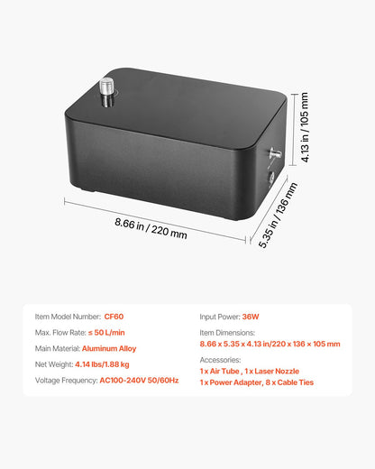 Air Assist, Adjustable 50 L/min Airflow, Air Assist Pump Kit for Laser Cutter and Engraver, Clear Smoke and Dust, Reduce Surface Temperature, Shield Laser Lens, for Laser Engraver ≥ 20W