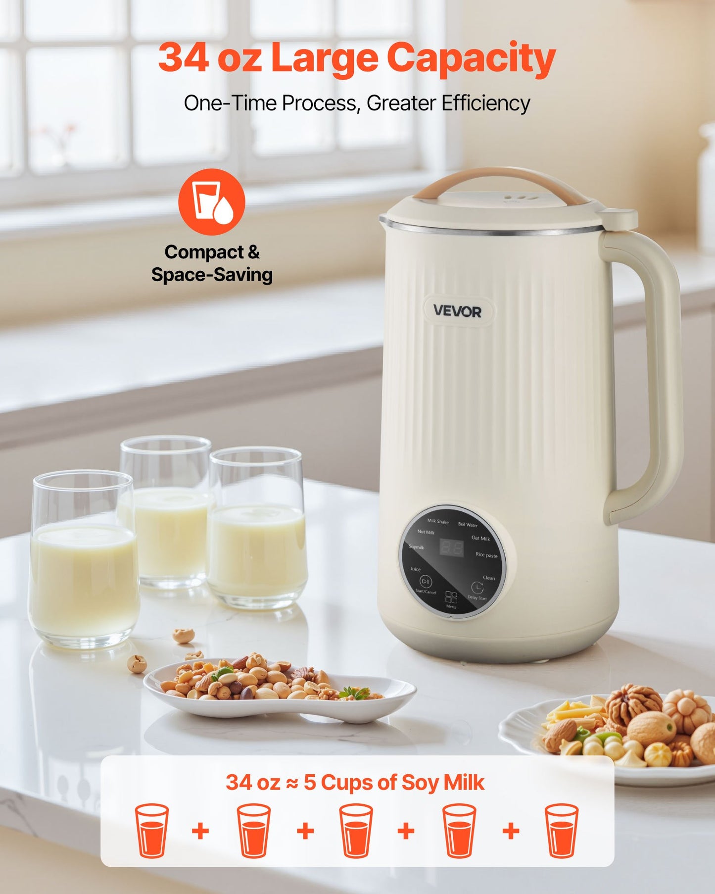 8-in-1 Nut Milk Maker, 34 oz Soy Milk Maker with 180W Blending, for Homemade Oat, Nut, Soy, Juice, Milkshake, Rice Cereal, Plant-Based Beverages with Self-Cleaning, Boil Water, 12-Hour Delay