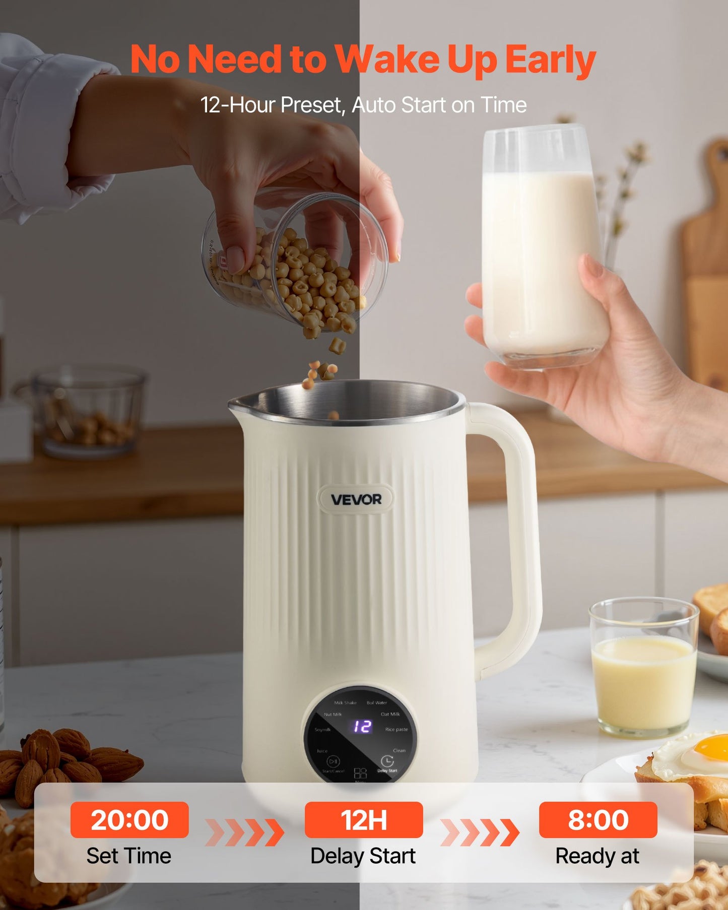 8-in-1 Nut Milk Maker, 34 oz Soy Milk Maker with 180W Blending, for Homemade Oat, Nut, Soy, Juice, Milkshake, Rice Cereal, Plant-Based Beverages with Self-Cleaning, Boil Water, 12-Hour Delay